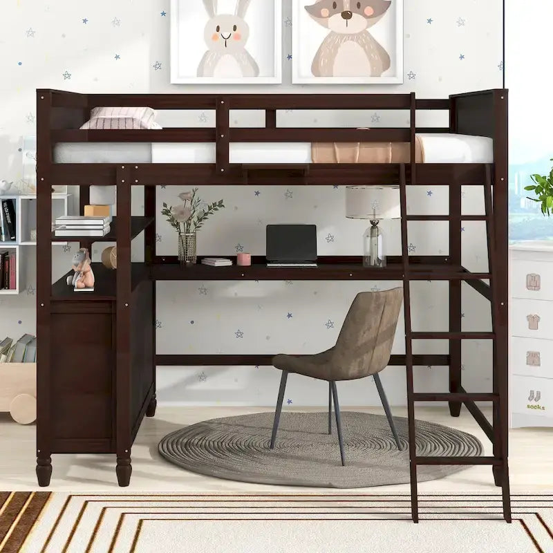 Letto a soppalco full size con cassetti, scrivania e mensole