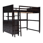 Letto a soppalco full size con cassetti, scrivania e mensole