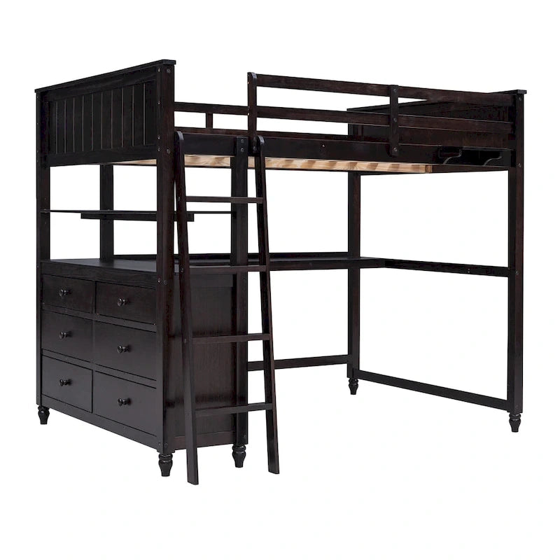Letto a soppalco full size con cassetti, scrivania e mensole