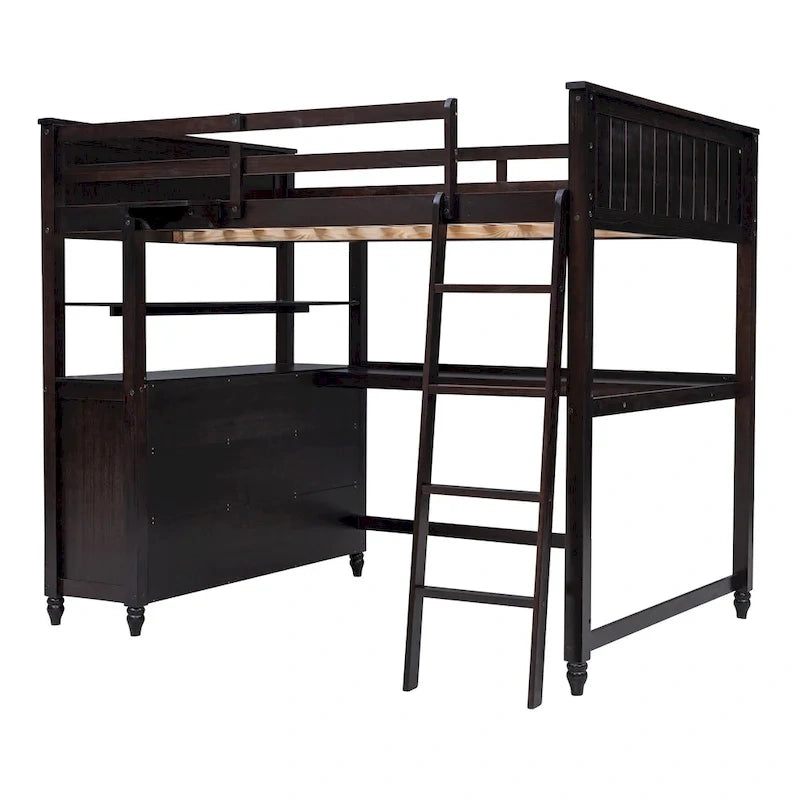 Letto a soppalco full size con cassetti, scrivania e mensole