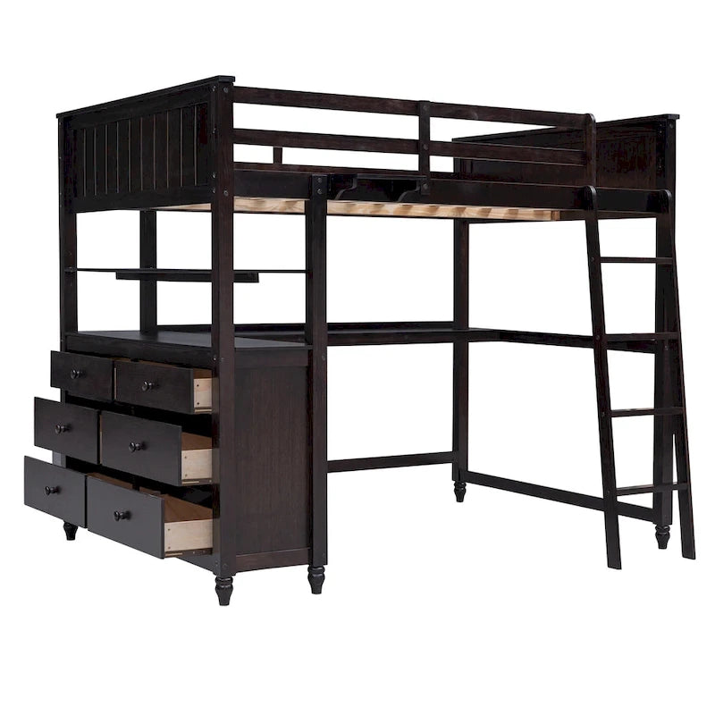 Letto a soppalco full size con cassetti, scrivania e mensole