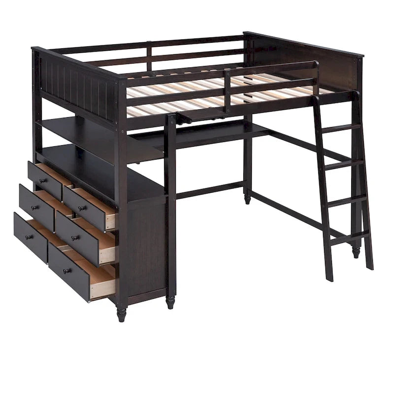 Letto a soppalco full size con cassetti, scrivania e mensole