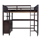 Letto a soppalco full size con cassetti, scrivania e mensole