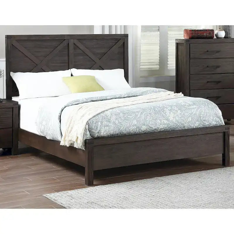 Letto matrimoniale con testiera a X, finitura espresso