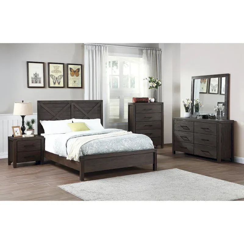 Letto matrimoniale con testiera a X, finitura espresso