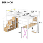 Twin/Full Size Loft Bed with Bulit-in Desk, Wardrobe & Storage Staircase, Metal Loft Bedframe with LED Light and Metal Grid
