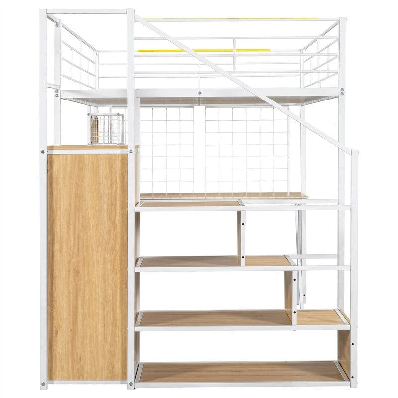 Letto a soppalco in metallo con scrivania, armadio e scala contenitore