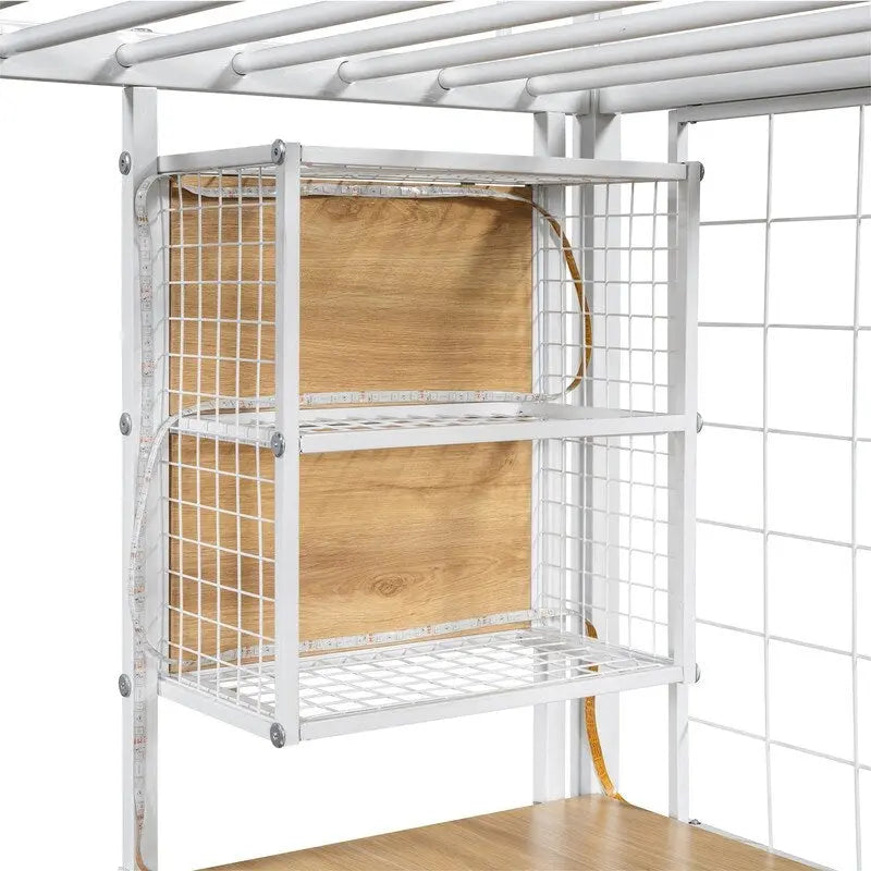 Letto a soppalco in metallo con scrivania, armadio e scala contenitore