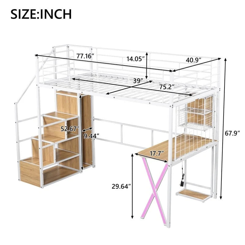 Letto a soppalco in metallo con scrivania, armadio e scala contenitore