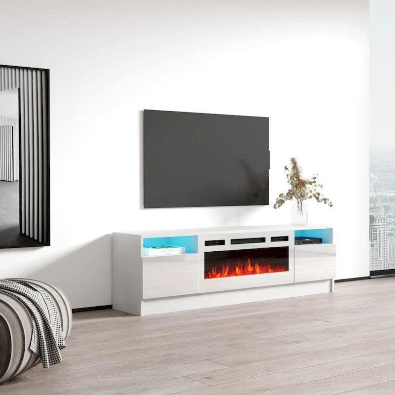 Mobile TV da 63 pollici con inserto camino elettrico e illuminazione a LED