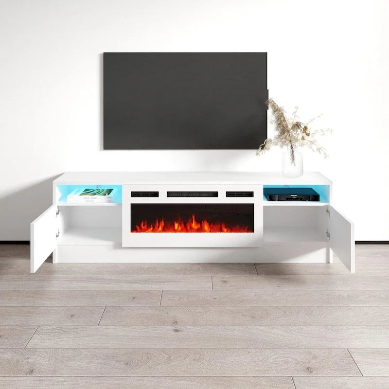 Mobile TV da 63 pollici con inserto camino elettrico e illuminazione a LED