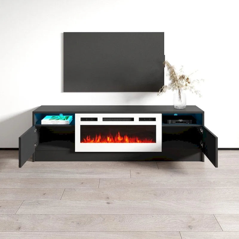 Mobile TV da 63 pollici con inserto camino elettrico e illuminazione a LED