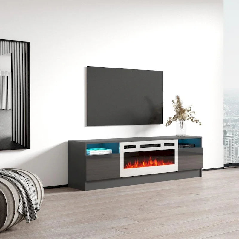 Mobile TV da 63 pollici con inserto camino elettrico e illuminazione a LED