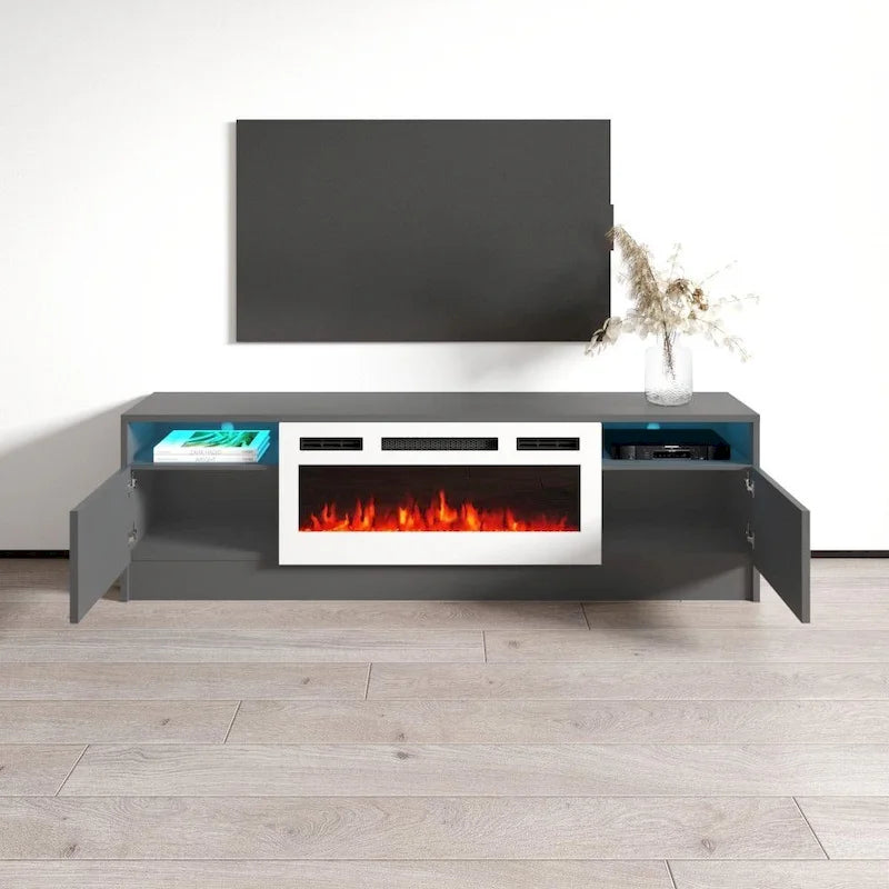 Mobile TV da 63 pollici con inserto camino elettrico e illuminazione a LED