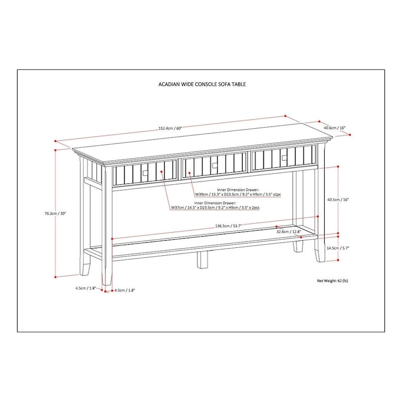Tavolino da divano/consolle in legno massello Normandy, larghezza 60 pollici - 60 x 16 x 30