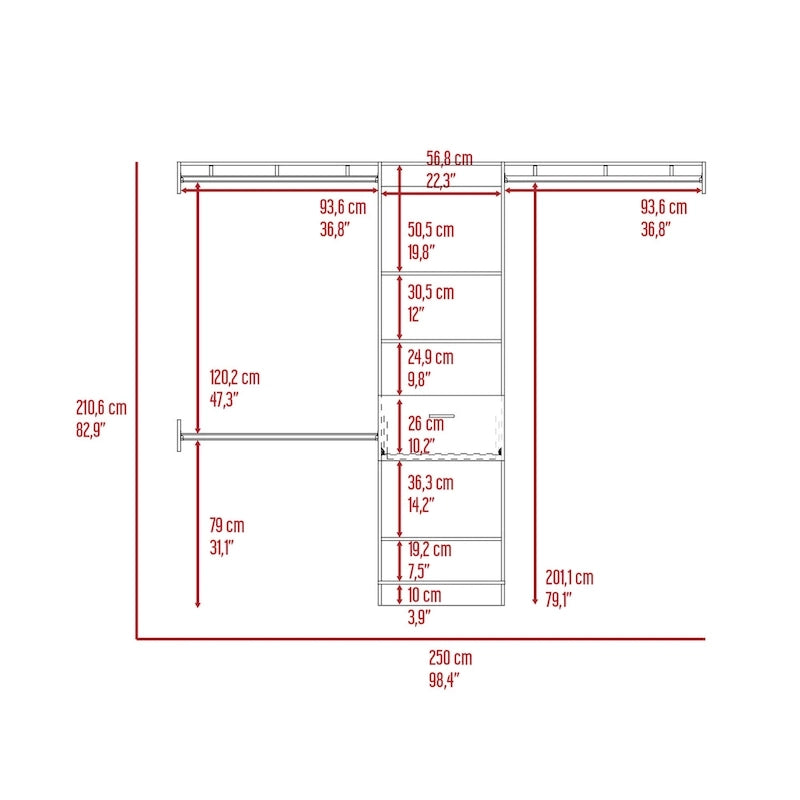 Sistema Armadio Cross con Cassetto, 3 Aste Metalliche e 5 Ripiani Aperti