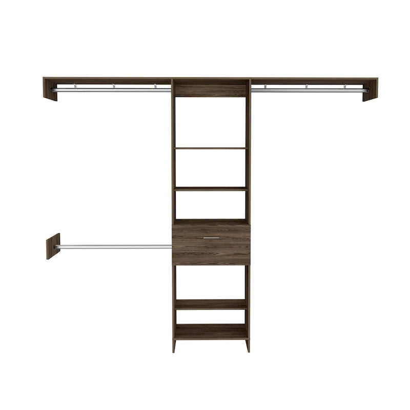 Sistema Armadio Cross con Cassetto, 3 Aste Metalliche e 5 Ripiani Aperti
