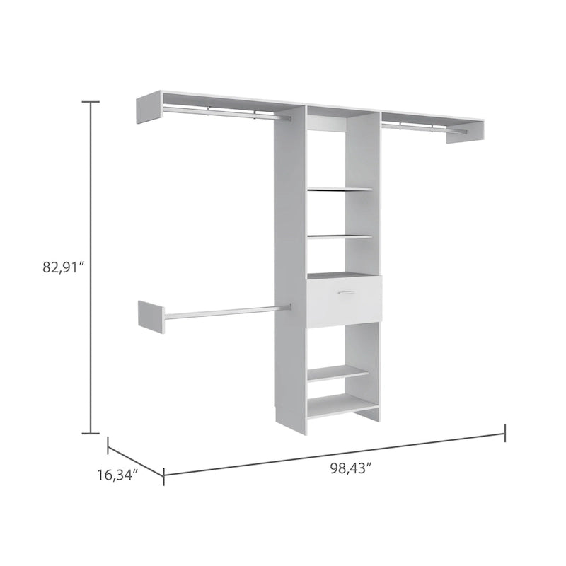 Sistema Armadio Cross con Cassetto, 3 Aste Metalliche e 5 Ripiani Aperti