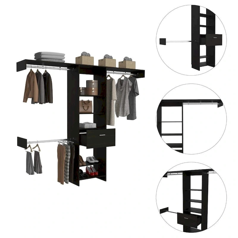 Sistema Armadio Cross con Cassetto, 3 Aste Metalliche e 5 Ripiani Aperti