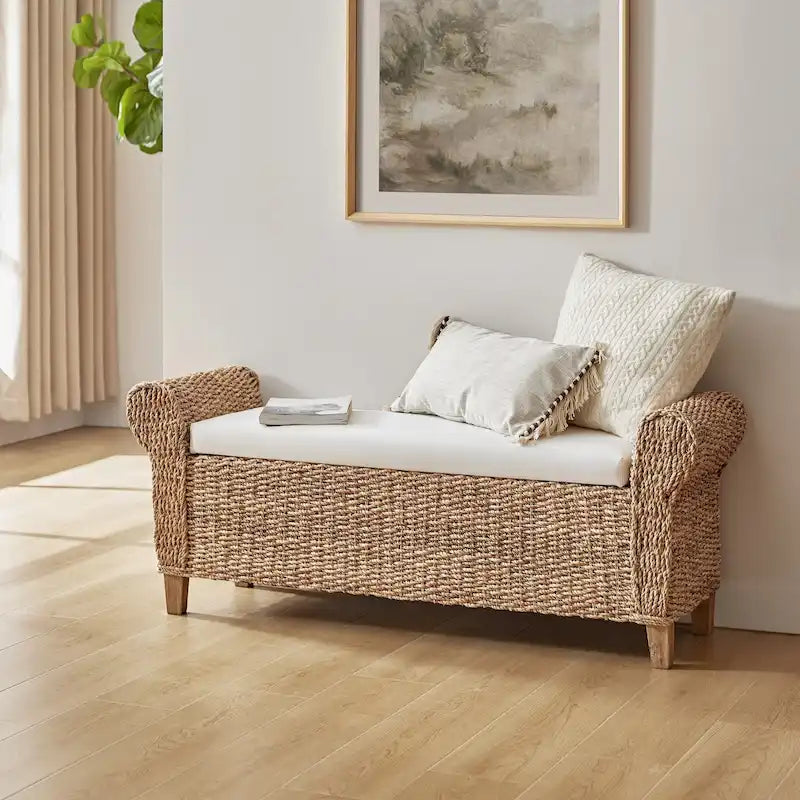 Panca Contenitore Boho con Struttura in Giacinto d'Acqua e Seduta in Lino