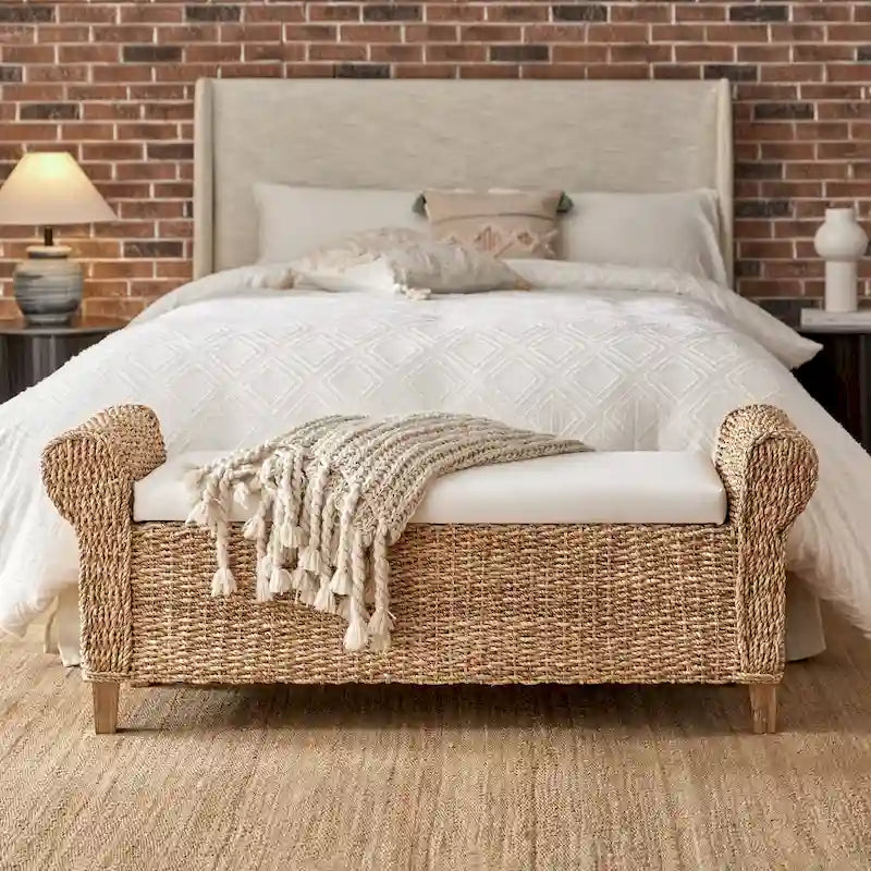 Panca Contenitore Boho con Struttura in Giacinto d'Acqua e Seduta in Lino