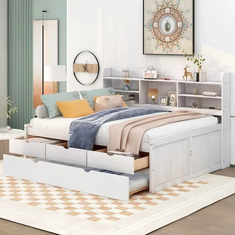 Letto a contenitore matrimoniale con testiera a libreria e letto estraibile
