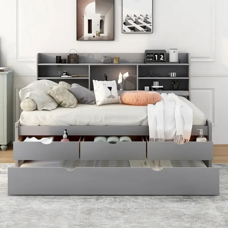Letto a contenitore matrimoniale con testiera a libreria e letto estraibile