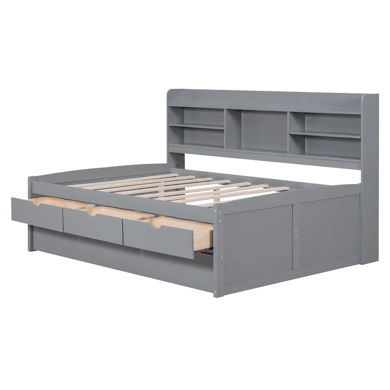 Letto a contenitore matrimoniale con testiera a libreria e letto estraibile