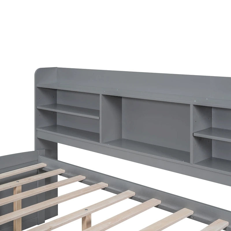 Letto a contenitore matrimoniale con testiera a libreria e letto estraibile