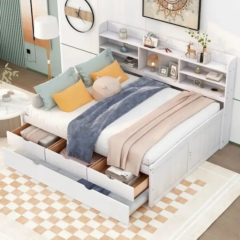 Letto a contenitore matrimoniale con testiera a libreria e letto estraibile