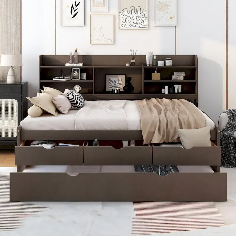 Letto a contenitore matrimoniale con testiera a libreria e letto estraibile