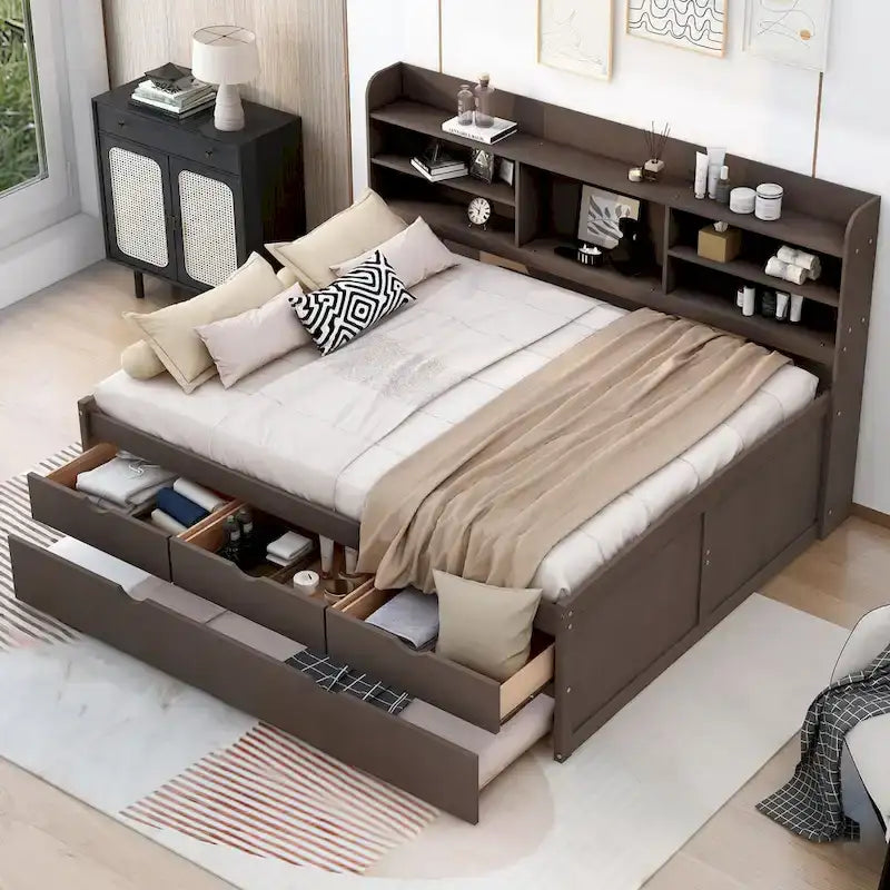 Letto a contenitore matrimoniale con testiera a libreria e letto estraibile