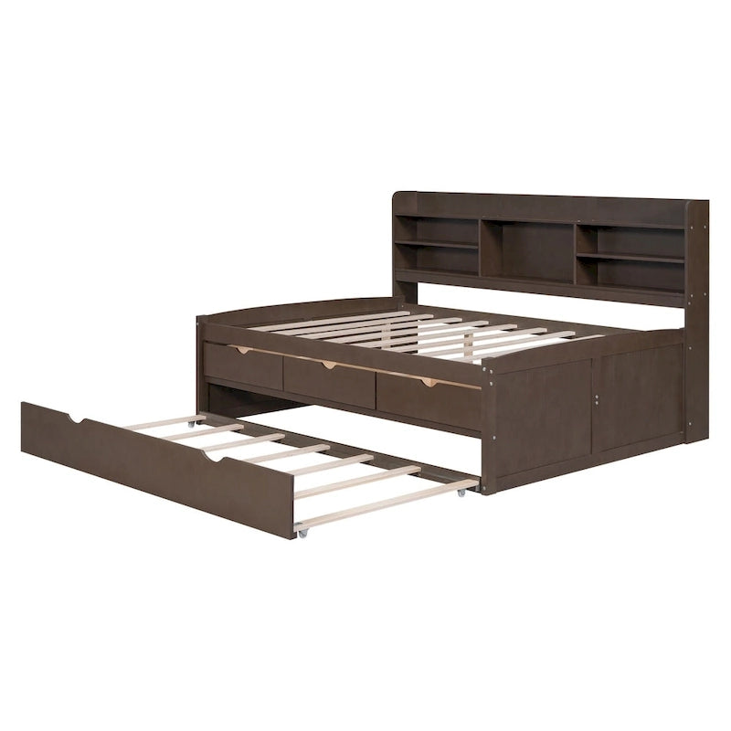 Letto a contenitore matrimoniale con testiera a libreria e letto estraibile