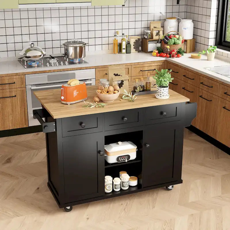 Carrello da cucina con isola con armadietto, 3 cassetti e 5 ruote
