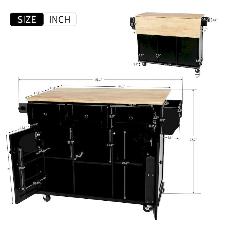 Carrello da cucina con isola con armadietto, 3 cassetti e 5 ruote