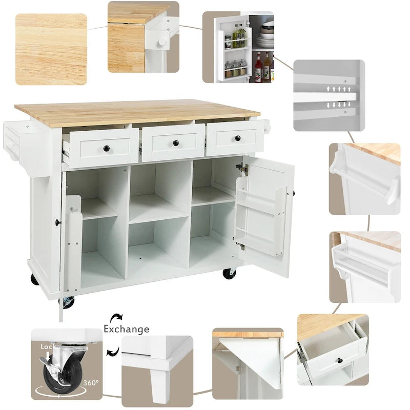 Carrello da cucina con isola con armadietto, 3 cassetti e 5 ruote