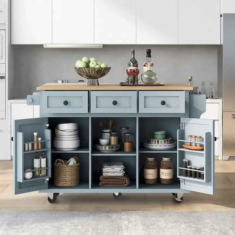 Carrello da cucina con isola con armadietto, 3 cassetti e 5 ruote