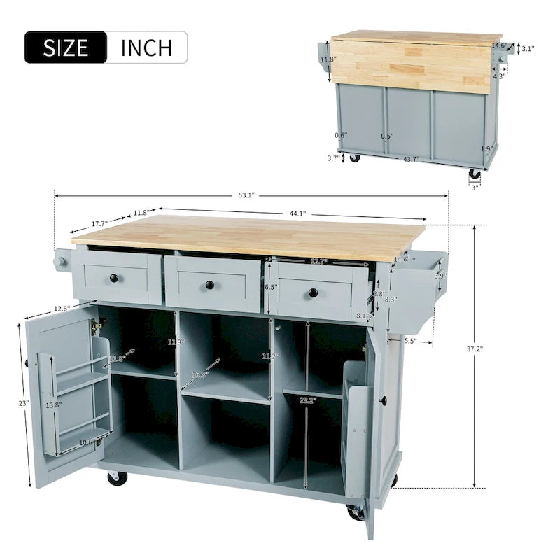 Carrello da cucina con isola con armadietto, 3 cassetti e 5 ruote
