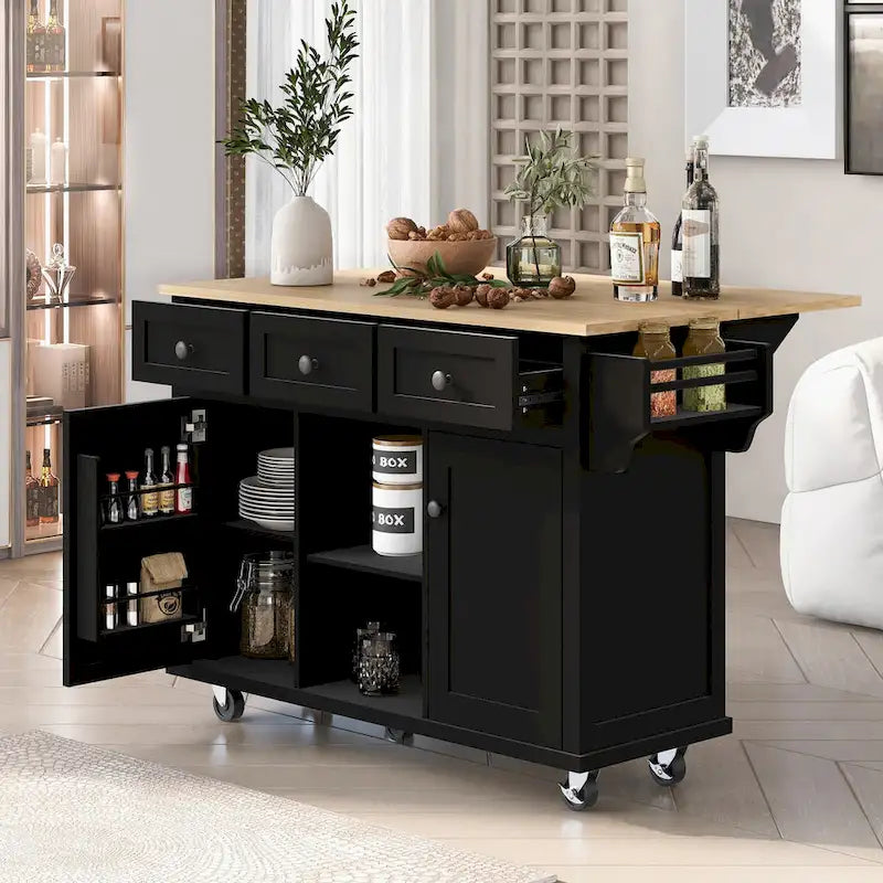 Carrello da cucina con isola con armadietto, 3 cassetti e 5 ruote