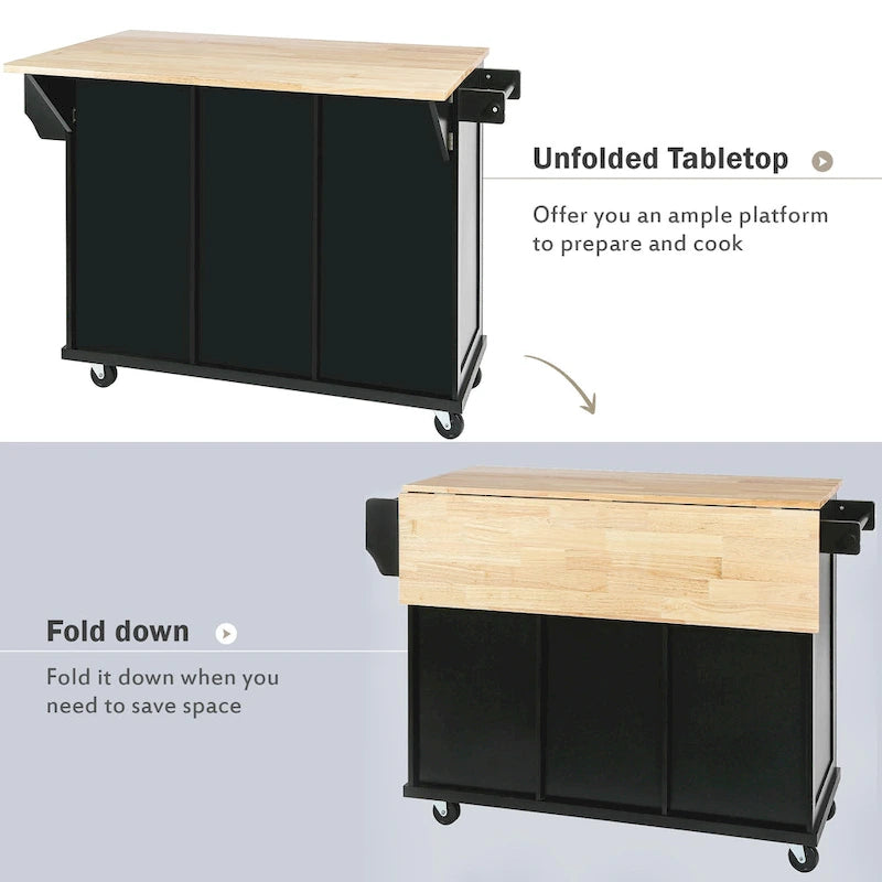 Carrello da cucina con isola con armadietto, 3 cassetti e 5 ruote