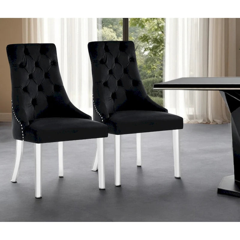 Set di 2 sedie laterali da pranzo in velluto trapuntato con borchie decorative