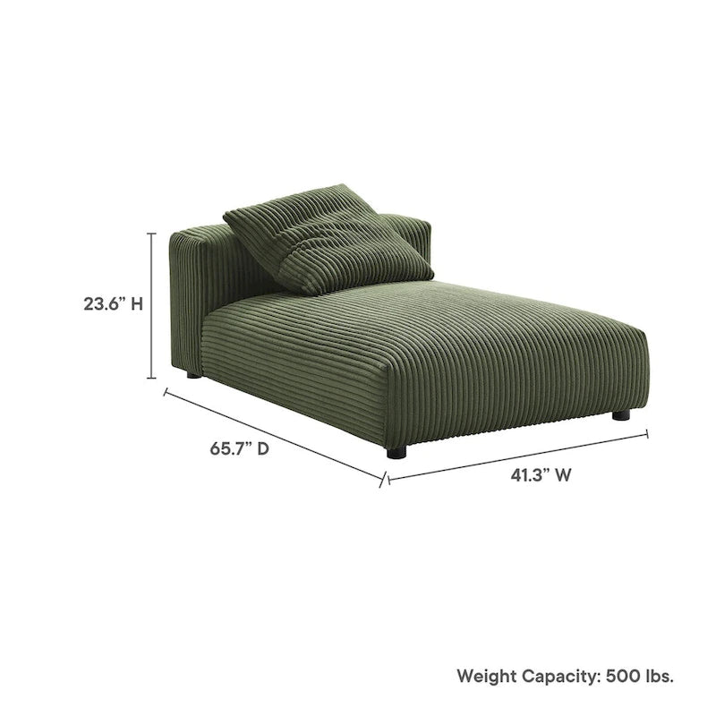 Chaise longue modulare senza braccioli rivestita in velluto a coste